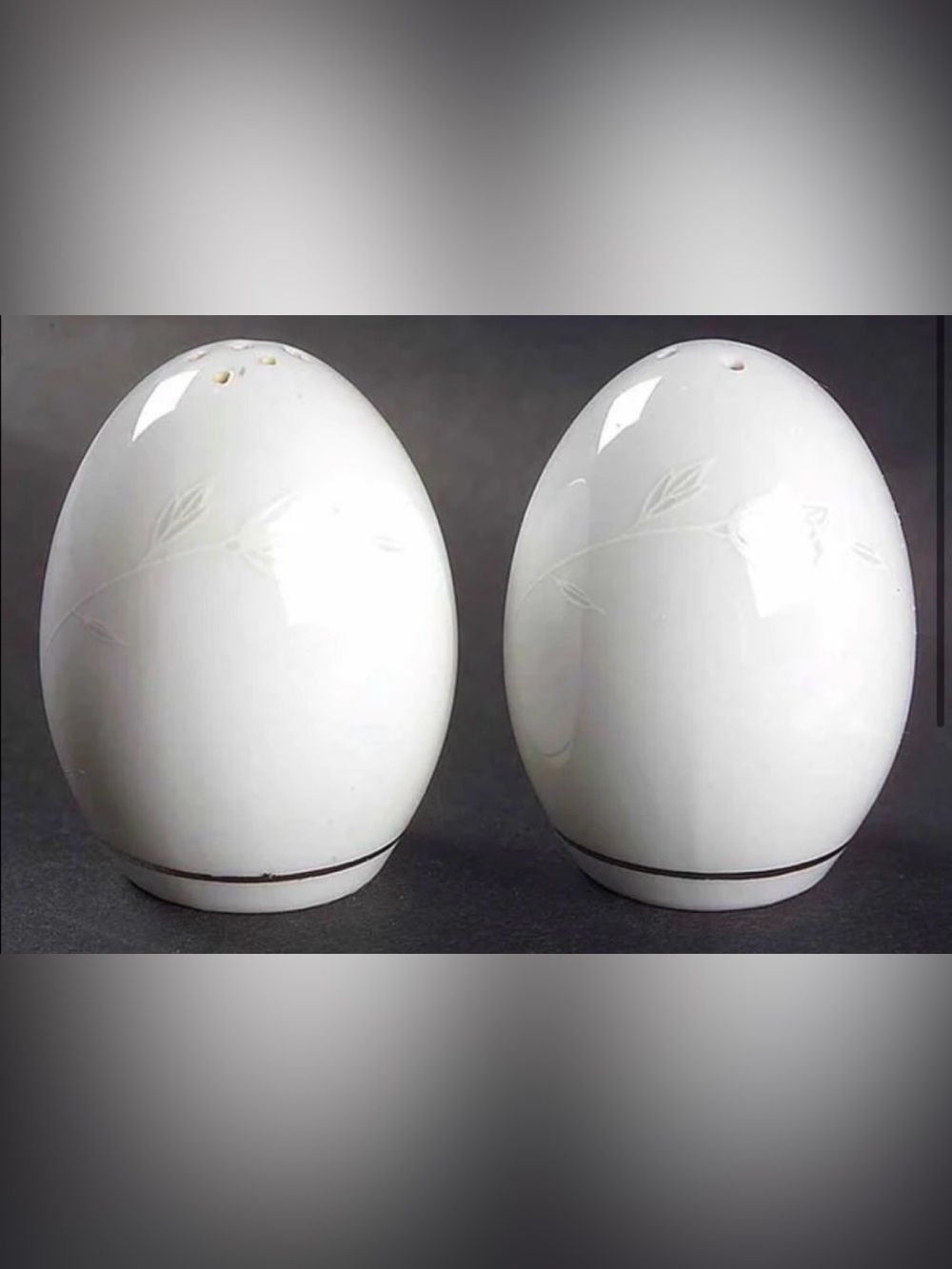 Eternal Rose Treasure Chest salt and pepper shakers. Egg shaped. Delicate rose
